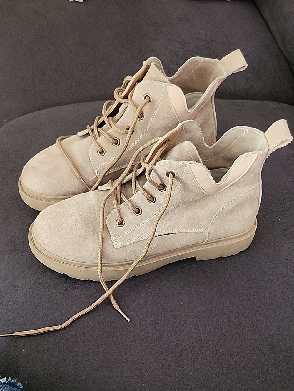 Womens Suede Lace-Up Ankle Boots in Taupe